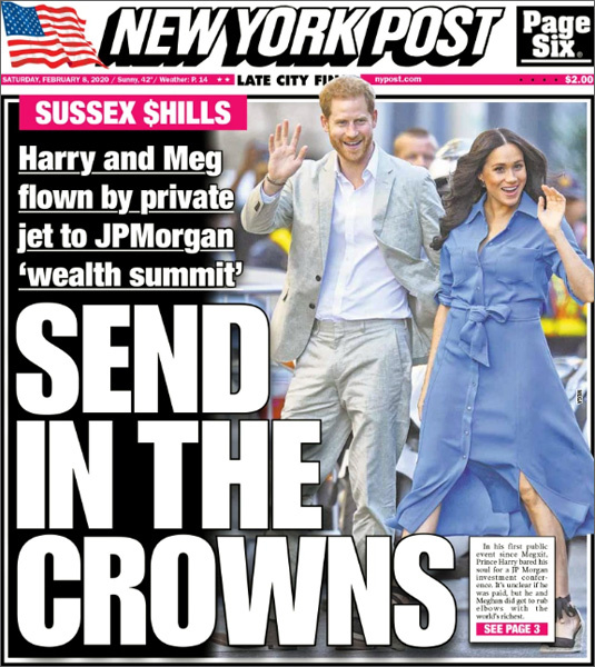 Первая полоса New York Post от 8 февраля 2020 г. с анонсом материала, посвященного появлению герцогов Сассекских на майамской финансовой конференции JPMorgan