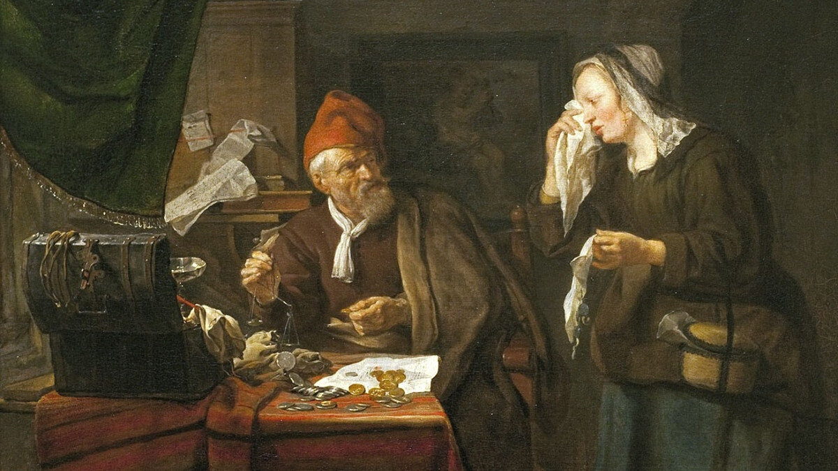 Ростовщик и плачущая женщина(фрагмент)
Габриэль Метсю. 1654