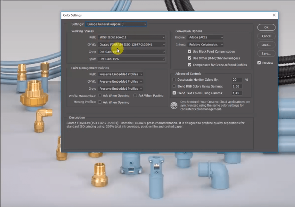 Embedded profile. Fogra39 (iso 12647-2:2004). color gamma for blender. embedded profile mismatch.