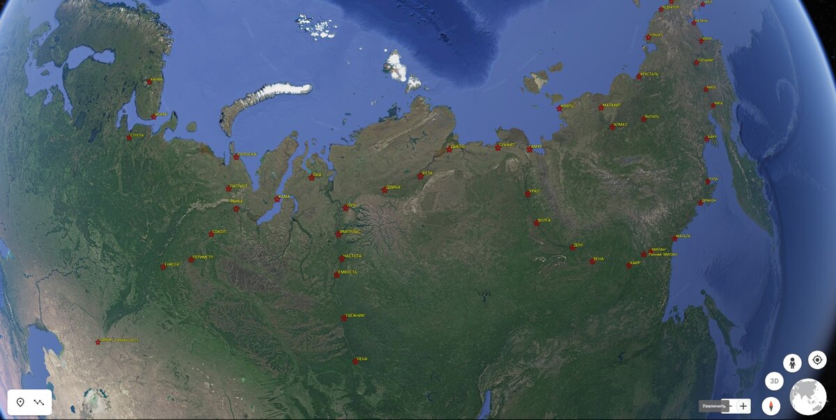 Расположение релейных станций сети «Север» (источник: Google Earth https://earth.google.com)