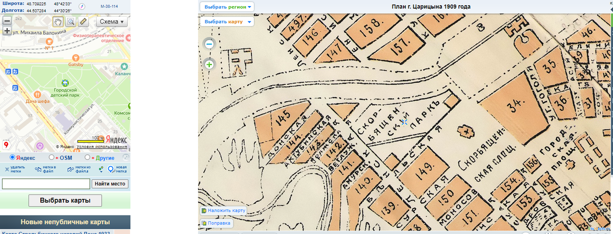 Карта Царицына 1909 года. Скорбященский парк виден в центре. Взято с сайта etomesto.ru