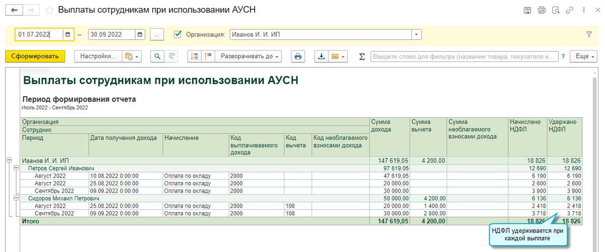 Простой интерфейс: меню "Сотрудники - Основное - Отчеты - Выплаты сотрудникам при использовании АУСН". 
Полный интерфейс: меню "Зарплата и кадры - Зарплата - Отчеты по зарплате - Выплаты сотрудникам при использовании АУСН".