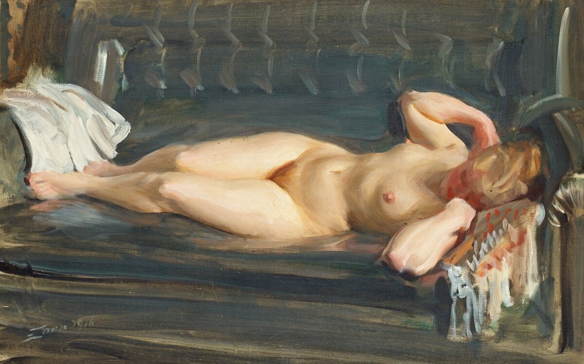 ©  Андерс Цорн  / Anders Zorn  Обнаженная на сером диване  1916год , 64×100 см