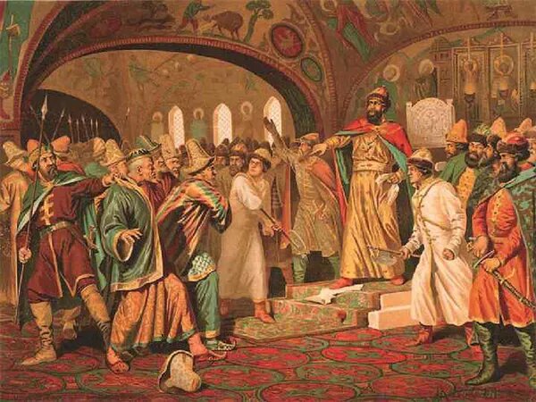 Алексей Кившенко "Иван III разрывает ханскую грамоту" (1879 год). Источник: https://ru.wikipedia.org/wiki/%D0%9A%D0%B8%D0%B2%D1%88%D0%B5%D0%BD%D0%BA%D0%BE,_%D0%90%D0%BB%D0%B5%D0%BA%D1%81%D0%B5%D0%B9_%D0%94%D0%B0%D0%BD%D0%B8%D0%BB%D0%BE%D0%B2%D0%B8%D1%87#/media/%D0%A4%D0%B0%D0%B9%D0%BB:Ivan_vs_khan.jpg
