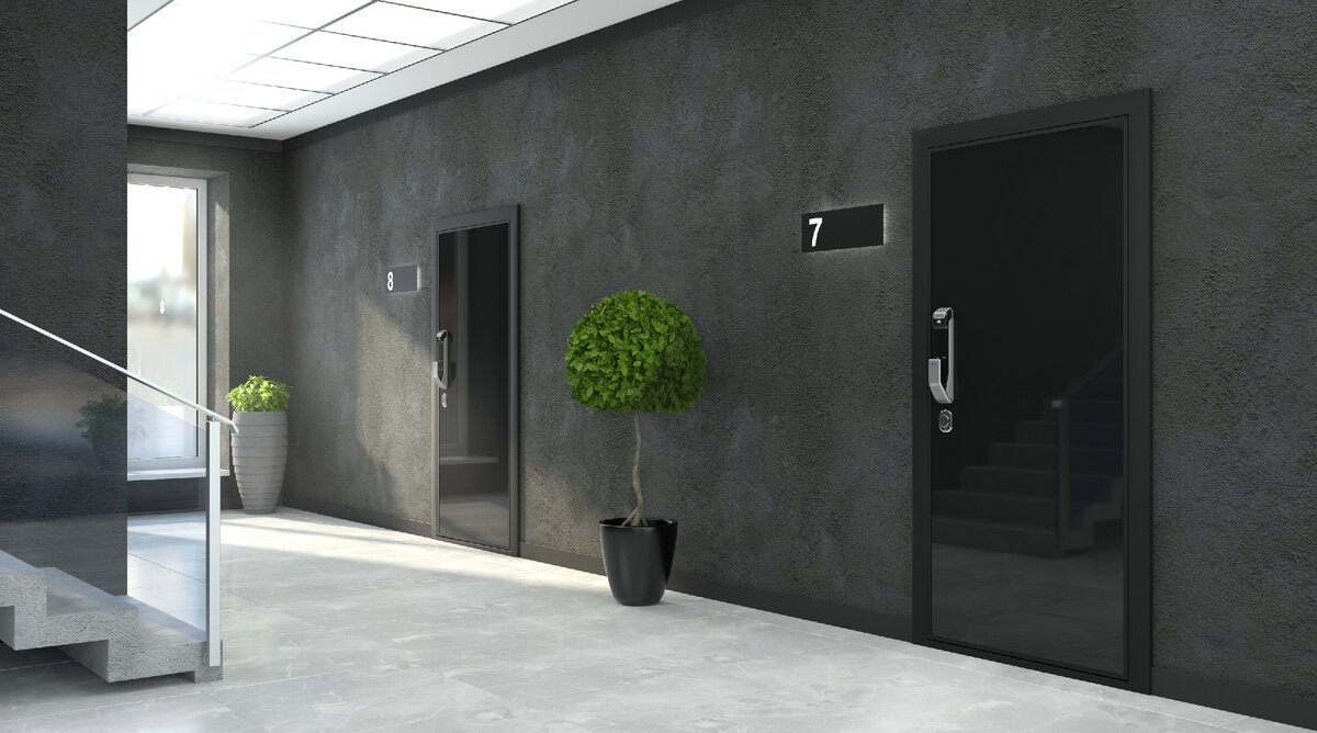 Дверь Electra. Панель Akrila Антрацит, биометрический замок Samsung, фурнитура в цвете "хром". Цена такой двери - от 212 500 ₽. 