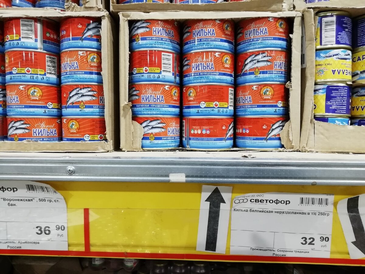 Консервы на полочке магазина