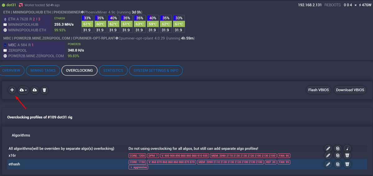 Вкладка Overclocking на странице рига