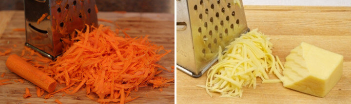 1. Куриные грудки тщательно промываем в холодной воде и перекладываем в кастрюлю. Заливаем их водой, немного солим и варим до полной готовности.
2. Чеснок пропускаем через пресс и добавляем к майонезу. Солим и перчим на вкус. Это будет соус для пропитки салата.
3. Вареную грудку охлаждаем и нарезаем на мелкие кусочки.
4. Яйца отвариваем вкрутую и охлаждаем. Отделяем два желтка, а остальные яйца натираем на крупной терке.
5. Морковь и сыр натираем на мелкой терке.
6. Разделяем все ингредиенты на две равные части.
7. Начинаем формировать слои. Можно использовать специальное формовочное кольцо, но если его нет, то выкладывать салат аккуратной горкой. На дно плоской тарелки выкладываем половину вареного филе. Смазываем слой майонезом с чесноком.