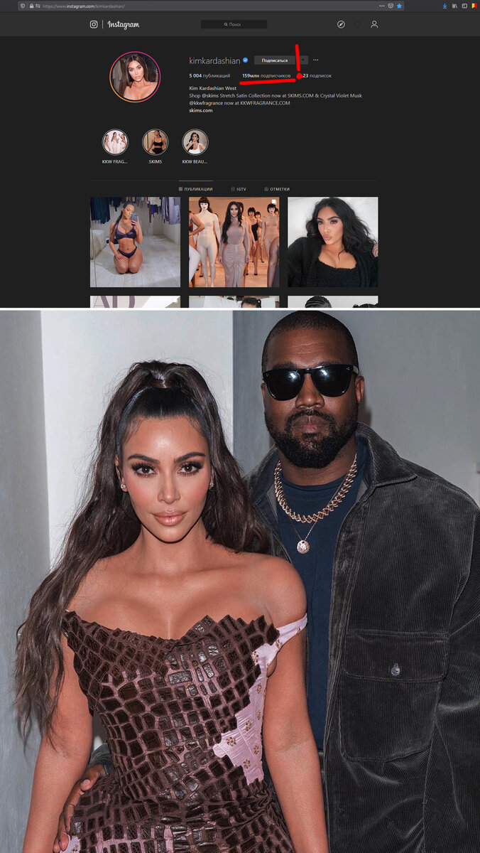 Ким Кардашьян её инстаграм и Канье Уэст. Коллаж. Изображения взяты из: Яндекс. Картинки и: instagram.com/kimkardashian