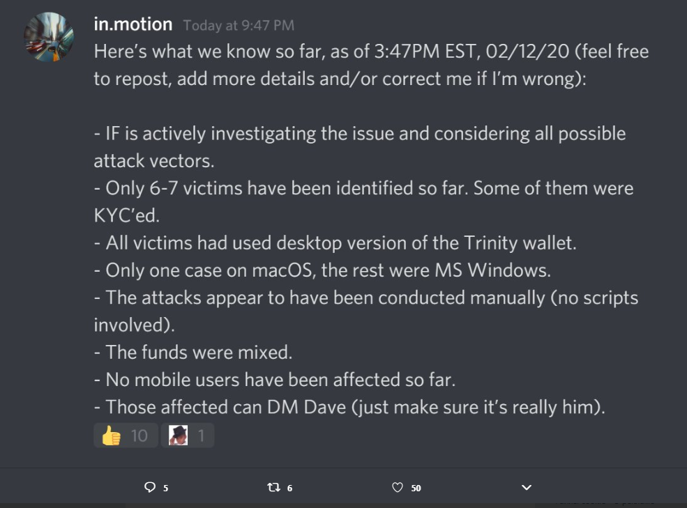 Известная информация об атаке на кошельки Trinity