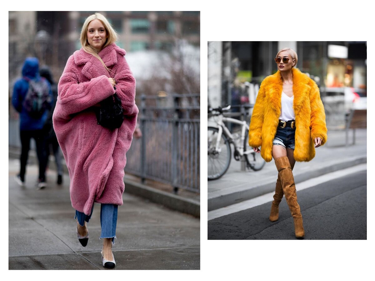 Эко-шубы в разных цветах в образах стритстайл