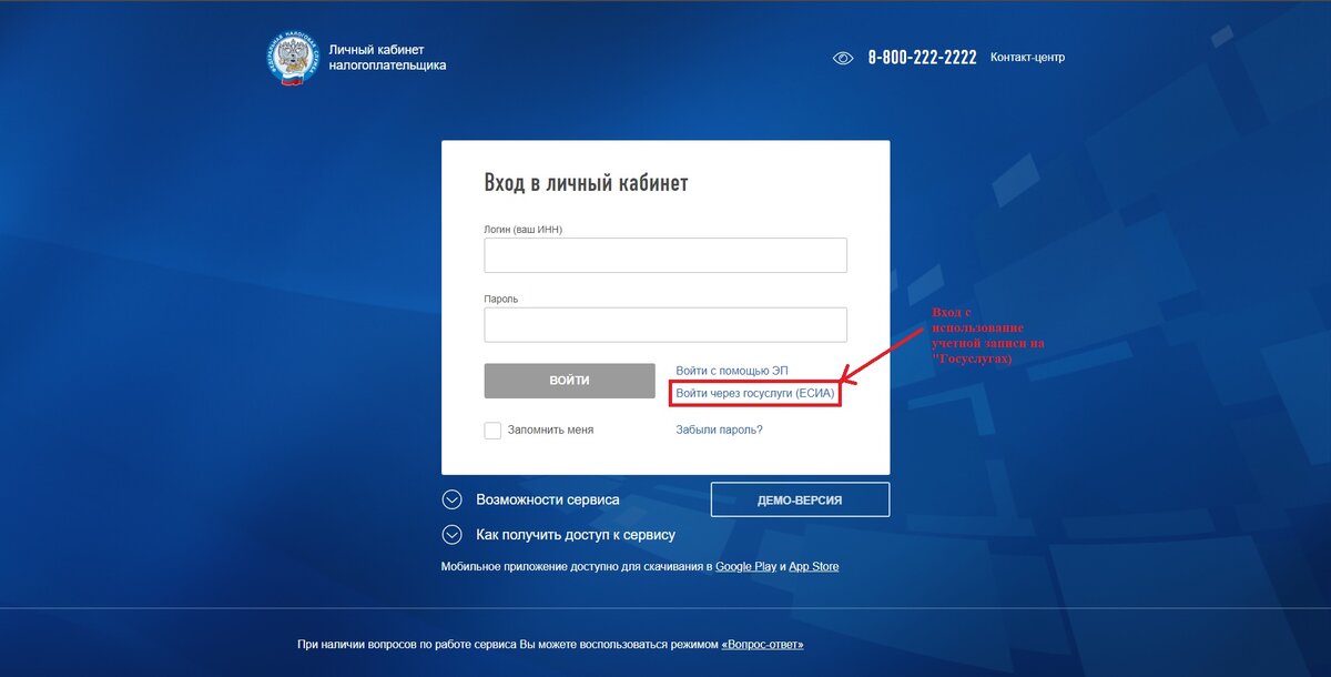 Окно ввода данных для входа в личный кабинет налогоплательщика