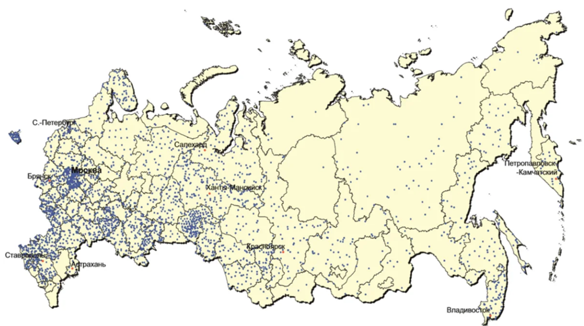 Расселение городского населения украинцев в России на 2010 г., 1 точка равна 500 чел. (автор карты: Черкасов А.А.)