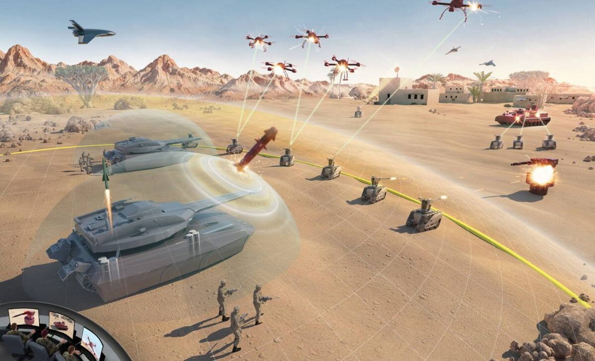  Концептуальный эскиз от BAE Systems показывает боевую технику будущего, оснащенную орудиями большого калибра и тактическими УР и действующую в единой сети с наземными и воздушными беспилотными системами. 