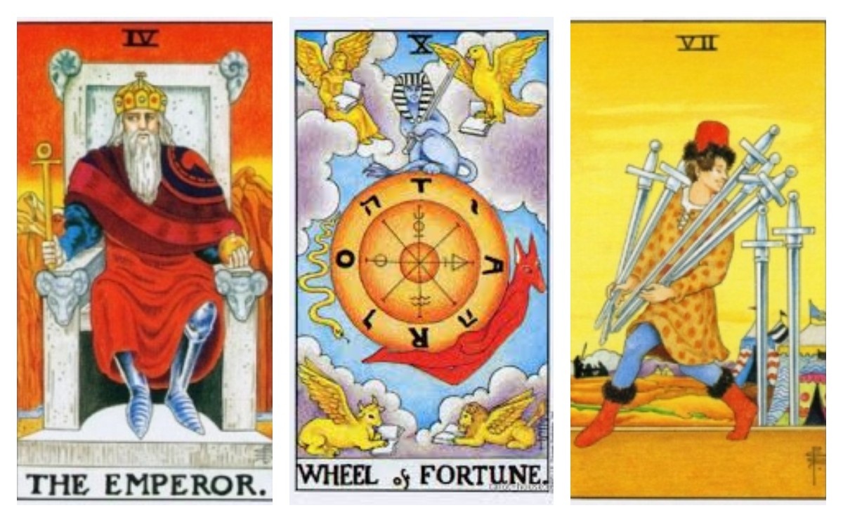 1. Колесо Фортуны, 2. Император, 3. VII Мечей