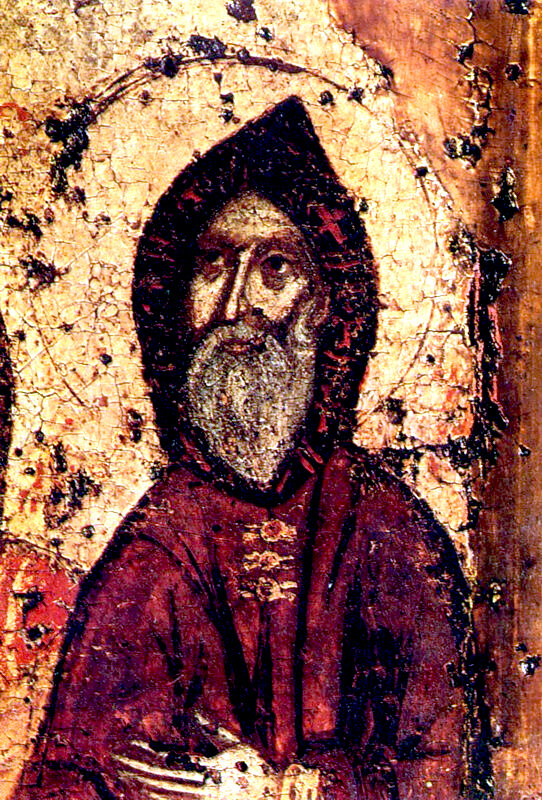 Фрагмент с ликом Антония иконы Божией Матери Печерской (Свенской) с предстоящими Феодосием и Антонием Печерскими, Киев[1], XIII век (древнейшее сохранившееся изображение Антония)