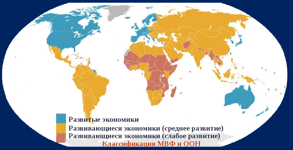 На круговых диаграммах показана доля детей во всем населении экономически развитых и развивающихся стран