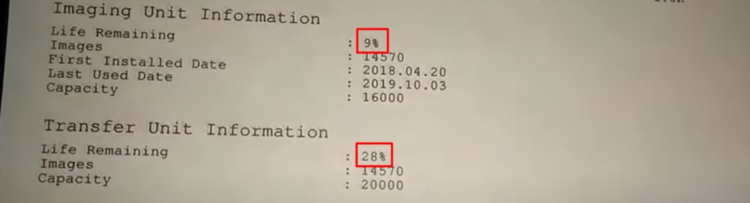 "Image Unit Information" осталось 9% и "Transfer Unit Information"28%