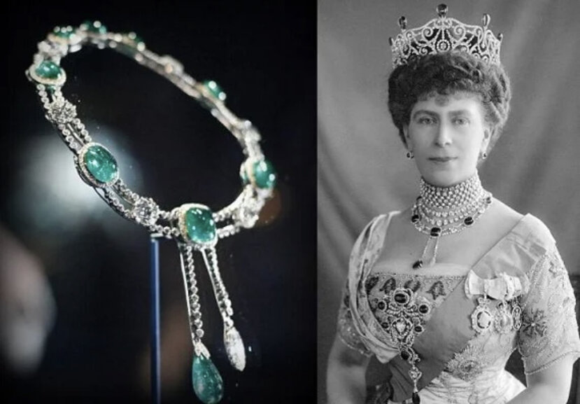 Слева — колье Дели Дарбар. Справа — Мария Текская в парюре от Garrard & Co. Limited, включающей ожерелье.