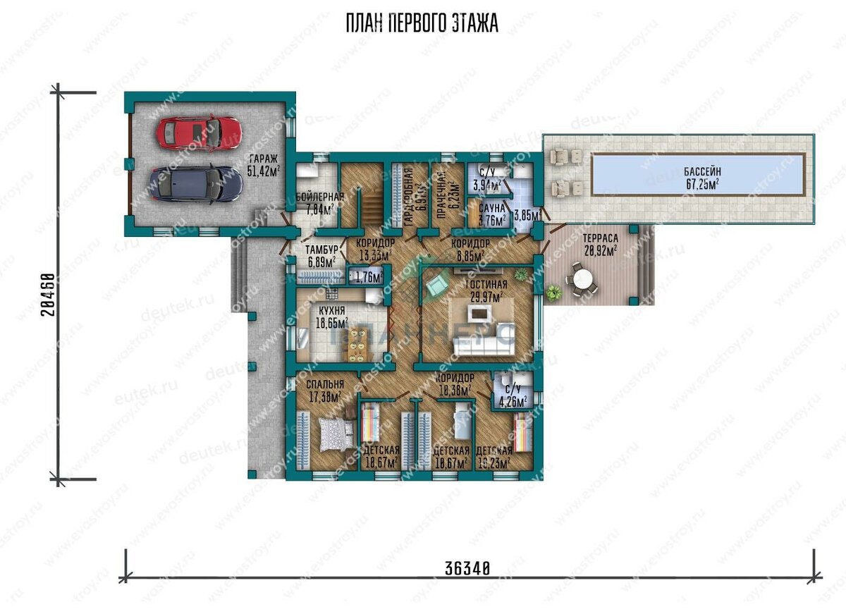 План первого этажа. Источник изображения: Дзен-канал "DEUTEK - проектирование домов"