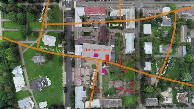 Красным прямоугольником на предполагаемой территории Немецкого двора обозначен Иоанновский раскоп, где работы проходили в нынешнем году. Источник изображения: Институт археологии РАН