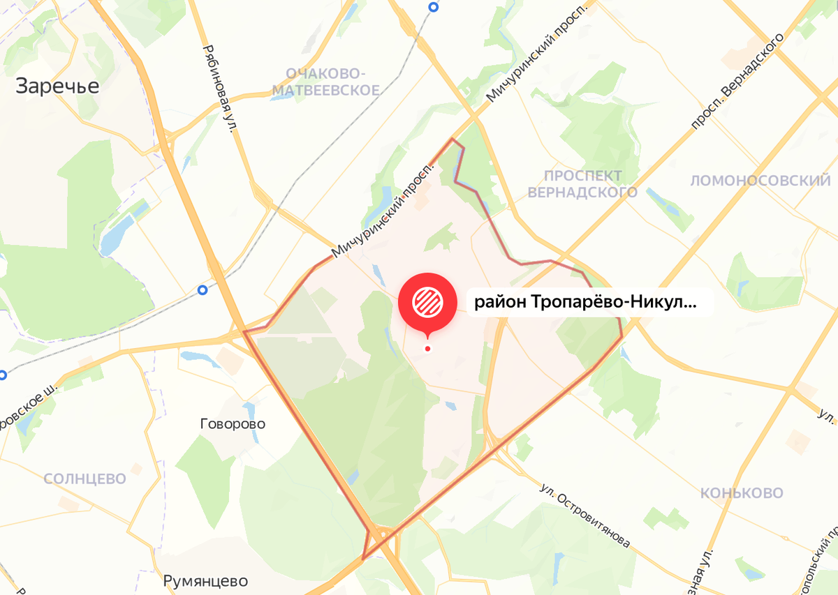 Современные границы района Тропарёво-Никулино на карте Москвы. Яндекс.Карты.