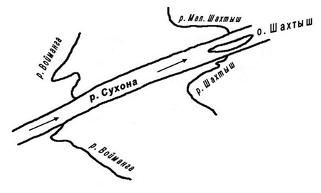 Рисунок 2. Бассейн реки Сухона. Войманга и Шахтыш. Карта-схема.