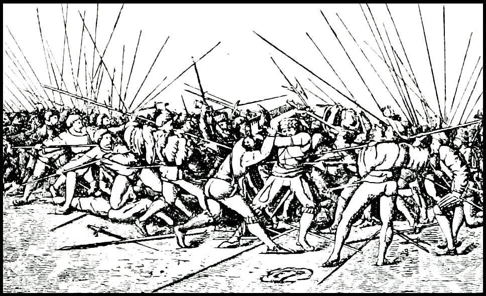 Бой ландскнехтов XVI в. (По рис. Гольбейна) Ландскнехты - наемники из германских княжеств, организация которых положила начало стандарту "компаний" , дожившему до сегодняшнего дня в большинстве ведущих армий мира. Ландскнехты, в отличие от вассальных армий той же эпохи, имели четкую и строгую организацию. Поэтому именно их "компании" стали постепенно образцом для всех регулярных армий Европы (а затем и мира). (Im. source: Wiki)