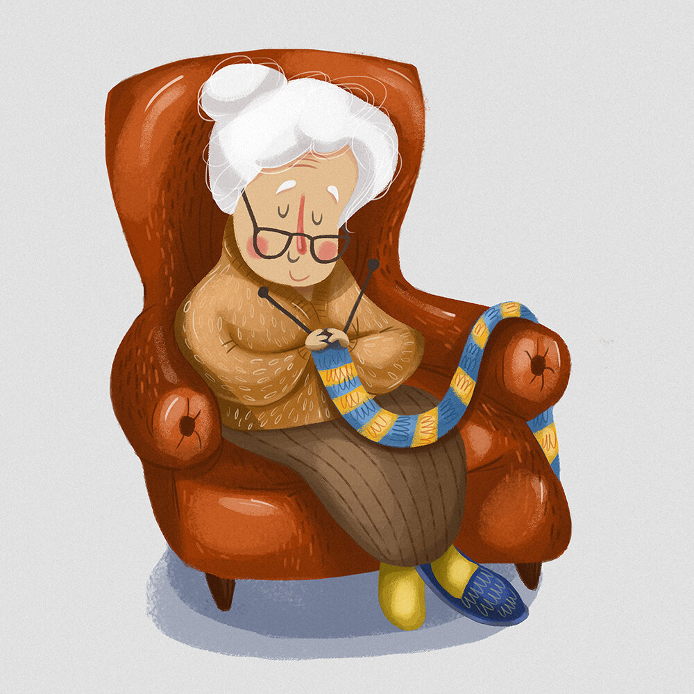 Иллюстрация Виктории Курчевой. Милейшая бабуля, задремавшая за вязанием. Радость и покой.