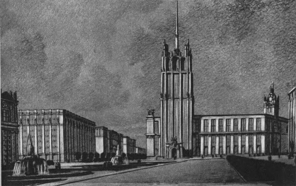 Следующий проект, опубликованный в 1952 году. Его авторы: архитекторы К. С. Алабян, Л. Н. Баталов и инженер Г. В. Чернышёв. Источник https://vsehsvyatskoye.livejournal.com.
