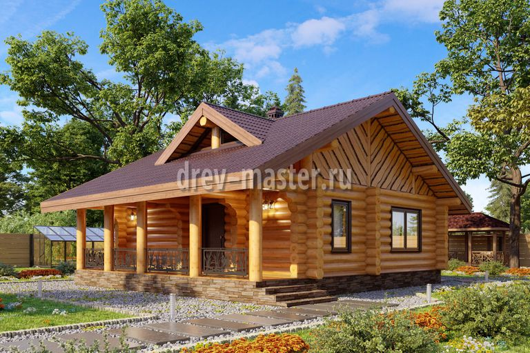 Визуализация главного фасада дома из бревна