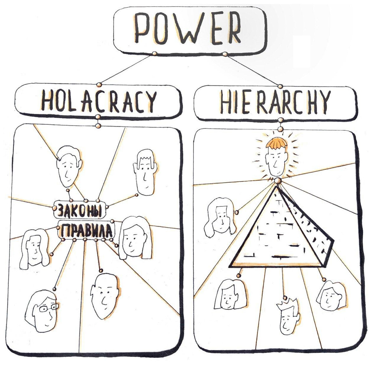 На синем уровне спиральной динамики власть принадлежит не одному человеку, а законам и правилам, это основа распределения полномочий между кругами и ролями в холакратии.