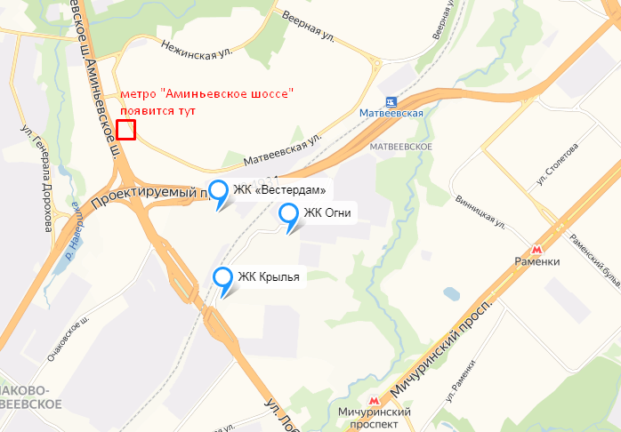 карта с расположением новостроек в Раменках и метро