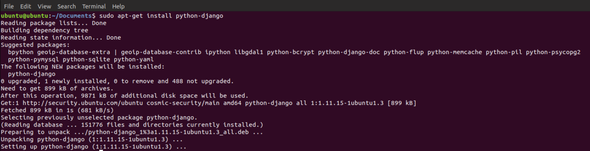 Окно терминала с процессом установки Django Python Framework.