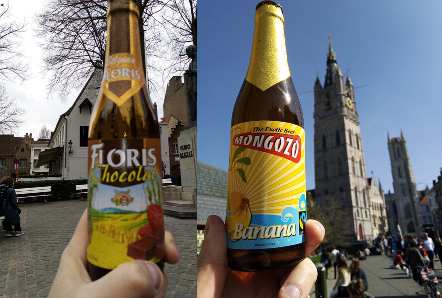 Бельгийское пиво с шоколадом (слева) и бананом. Фото автора