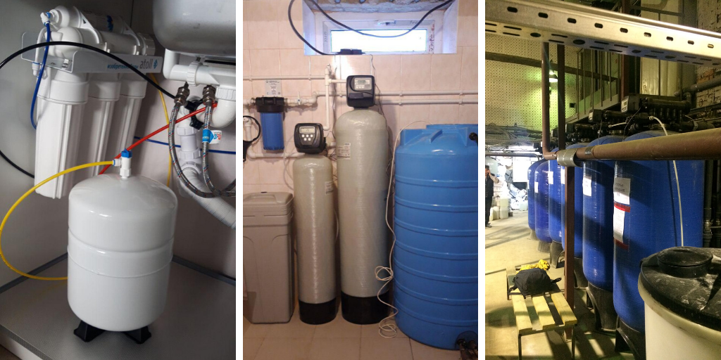 На фото слева направо питьевая система водоочистки под мойку, многоступенчатая система для частного дома и система водоподготовки для предприятия.