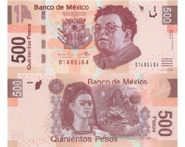 Банкнота 500 песо с изображением Диего Ривара и Фриды Кало