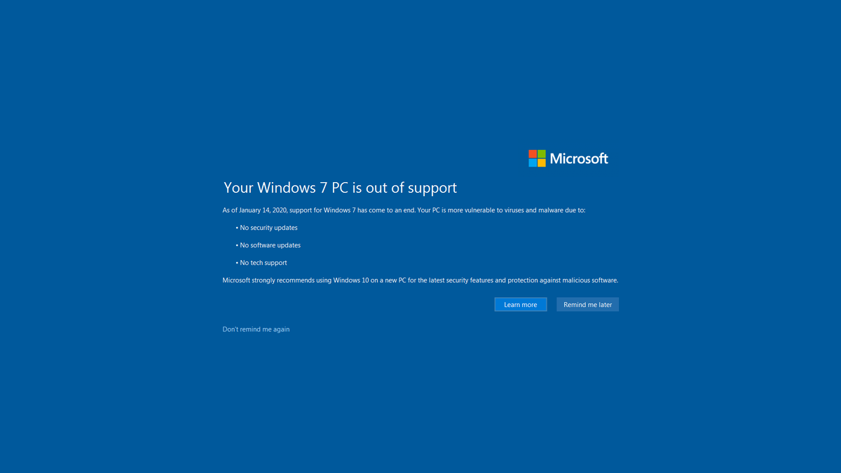 Поддержка Windows 7 прекращена 14 января 2020 года, спустя 10 лет после выхода
