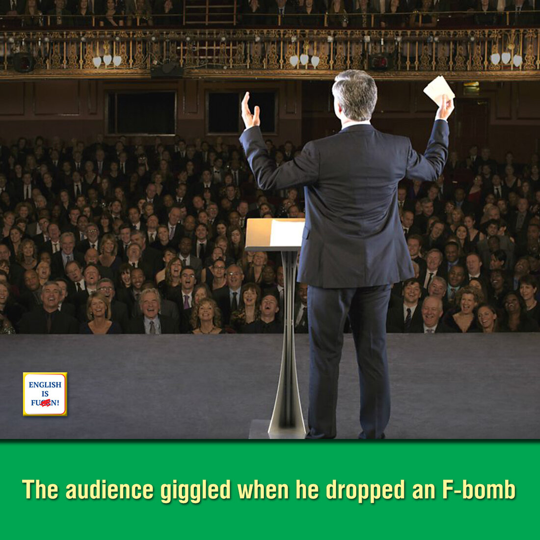 Публика захихикала, когда он [случайно] выругался, вызвав скандал [сенсацию].