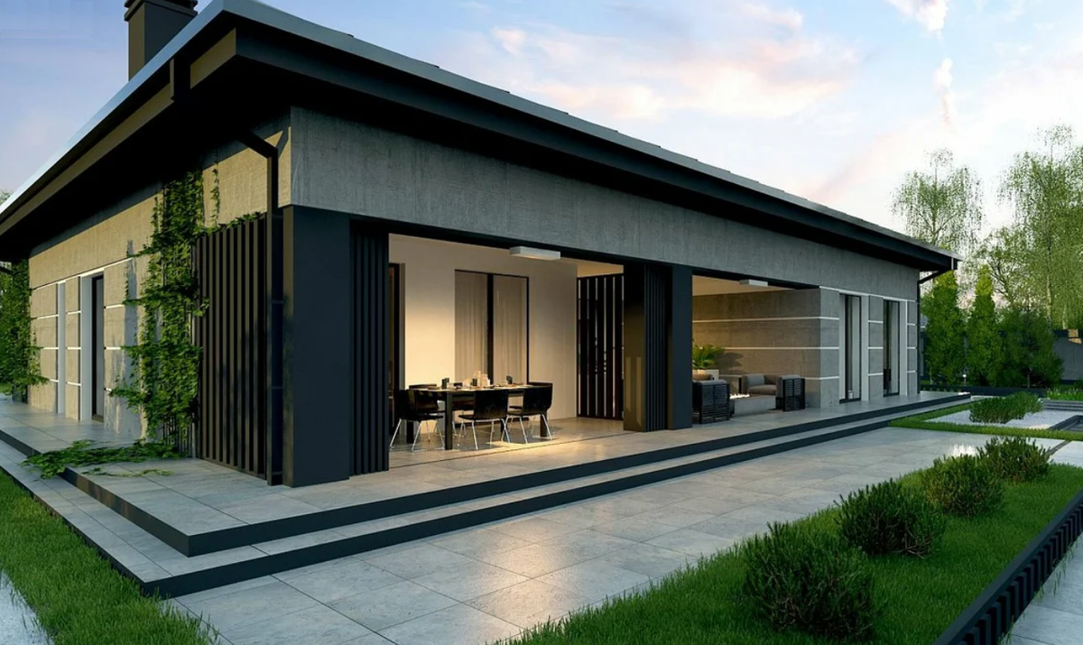 Одноэтажный дом отделан штукатуркой 