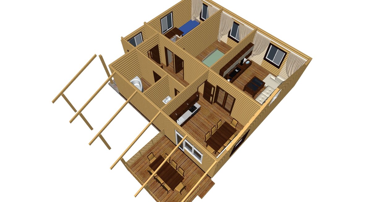Дом небольшой, 9х10 м., из бруса, общей площадью 95 кв.м. с навесом и террасой ??