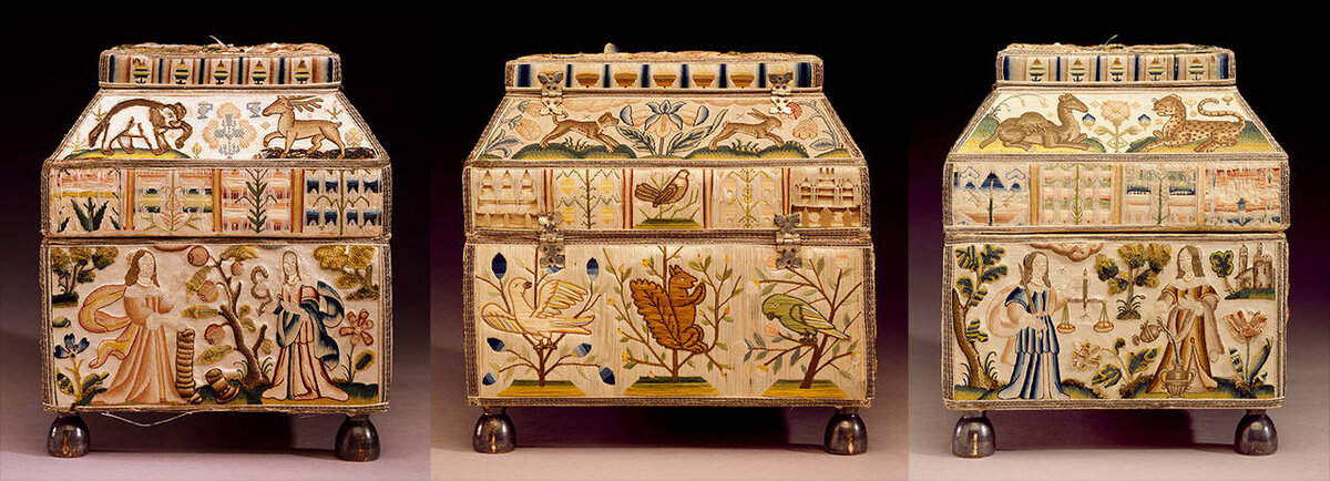 Embroidered casket (side and back panels), Martha Edlin, 1671, England. Museum no. T.432-1990. © Victoria and Albert Museum, London