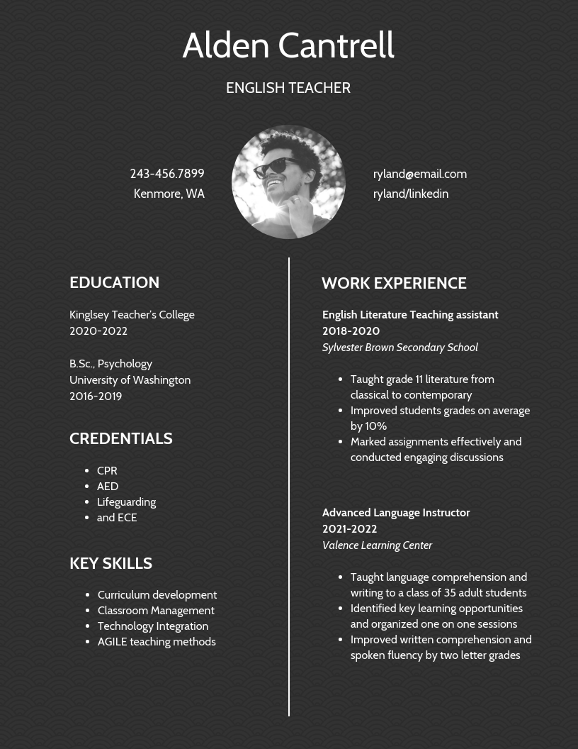 Ссылка: https://ru.venngage.com/templates/resumes/dark-teacher-student-resume-8c091756-6ddc-4a15-a9e6-cc621ef80ccd