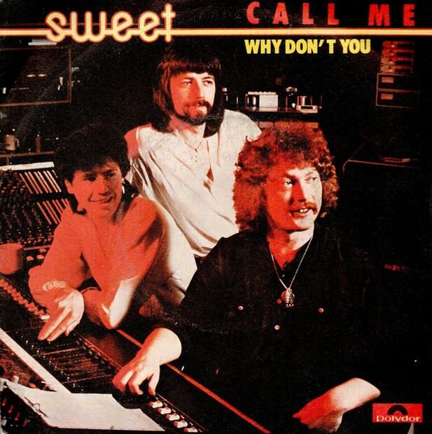 Группа "Sweet" в 1979 году, после изгнания из нее Брайана Коннолли. На конверте этого нового сингла как раз не хватает четвертого члена группы, который планировался на роль вокалиста - Ронни Джеймса Дио