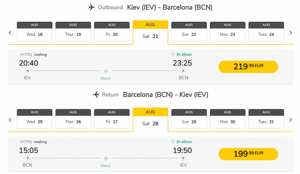 Скриншот с сайта компании Vueling