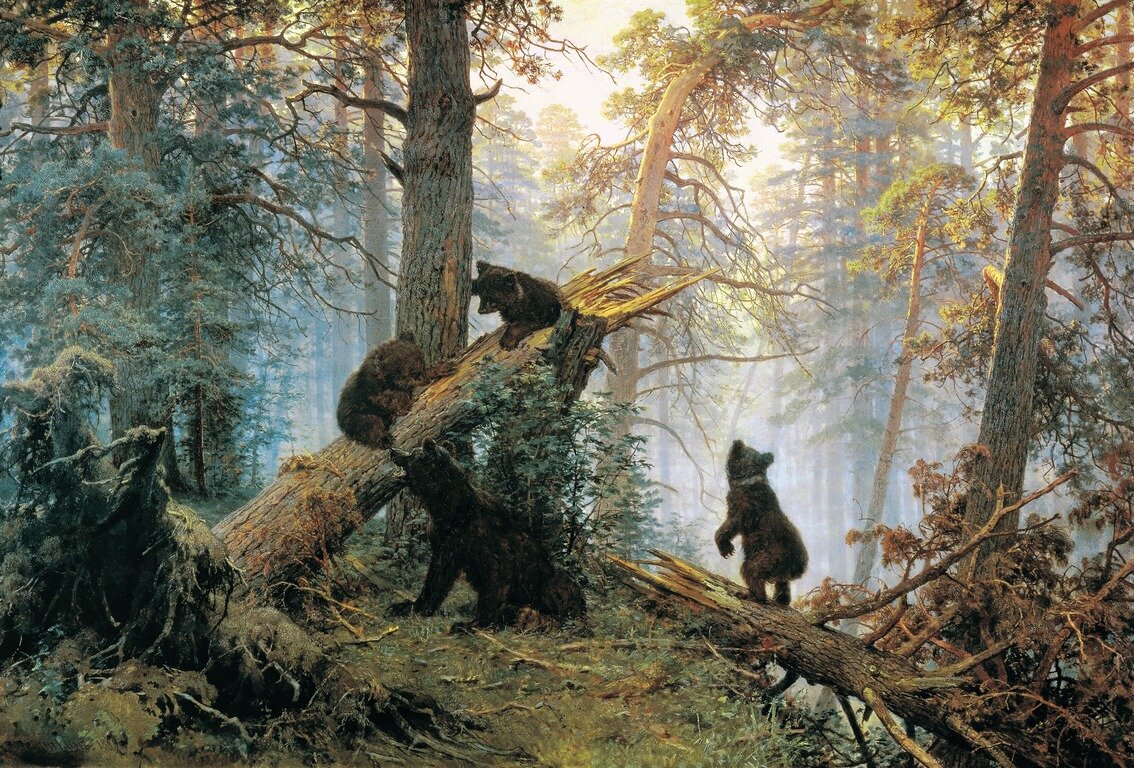 И. И. Шишкин, К. А. Савицкий, «Утро в сосновом лесу», 1889, холст, масло, 139 × 213 см
Третьяковская галерея, Москва