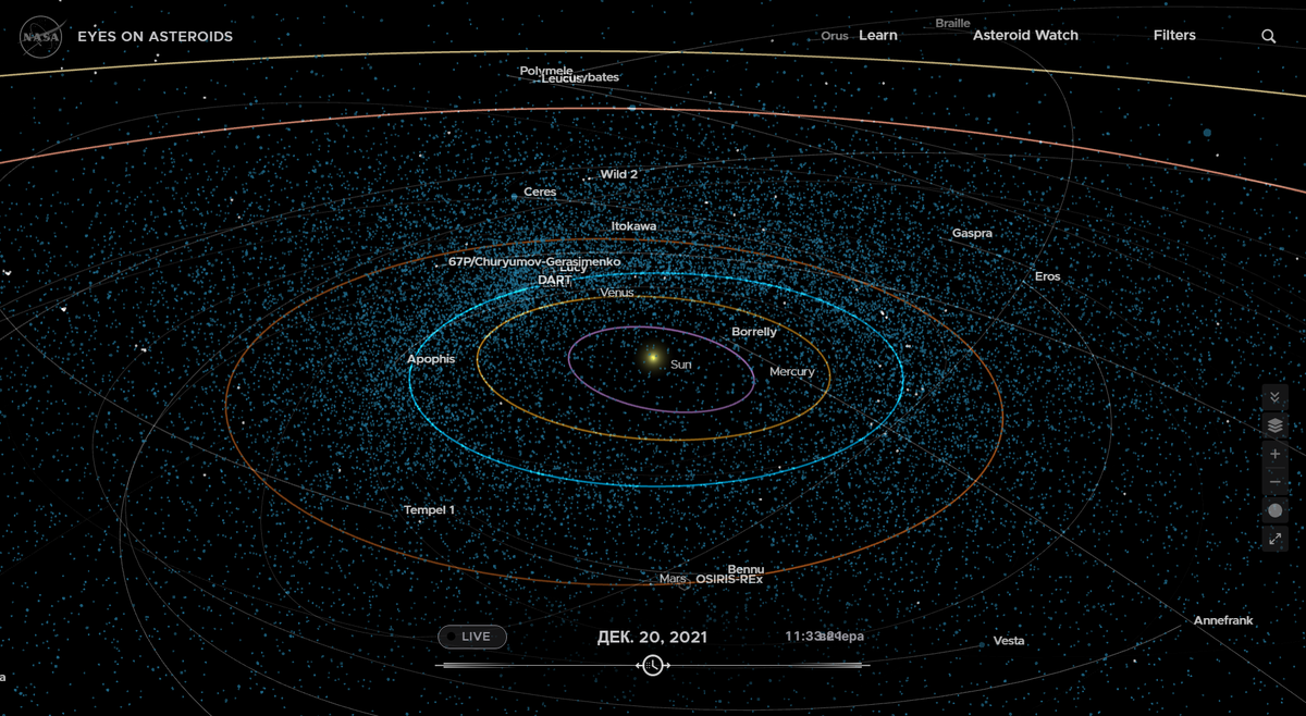 Выйдет главный экран - он выглядит вот так. Это и есть интерактивная действующая модель солнечной системы в вашем компьютере или смартфоне
