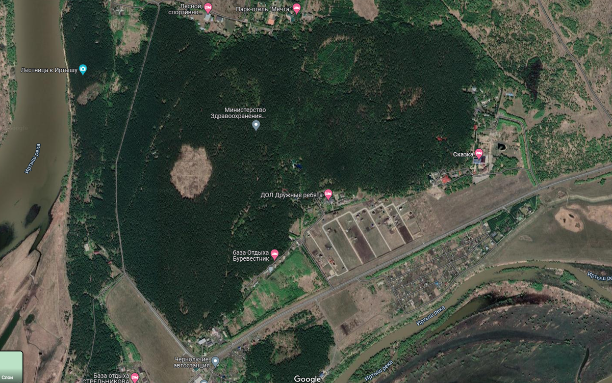 Пос. Чернолучье, Омская область (фрагмент с Google карт)