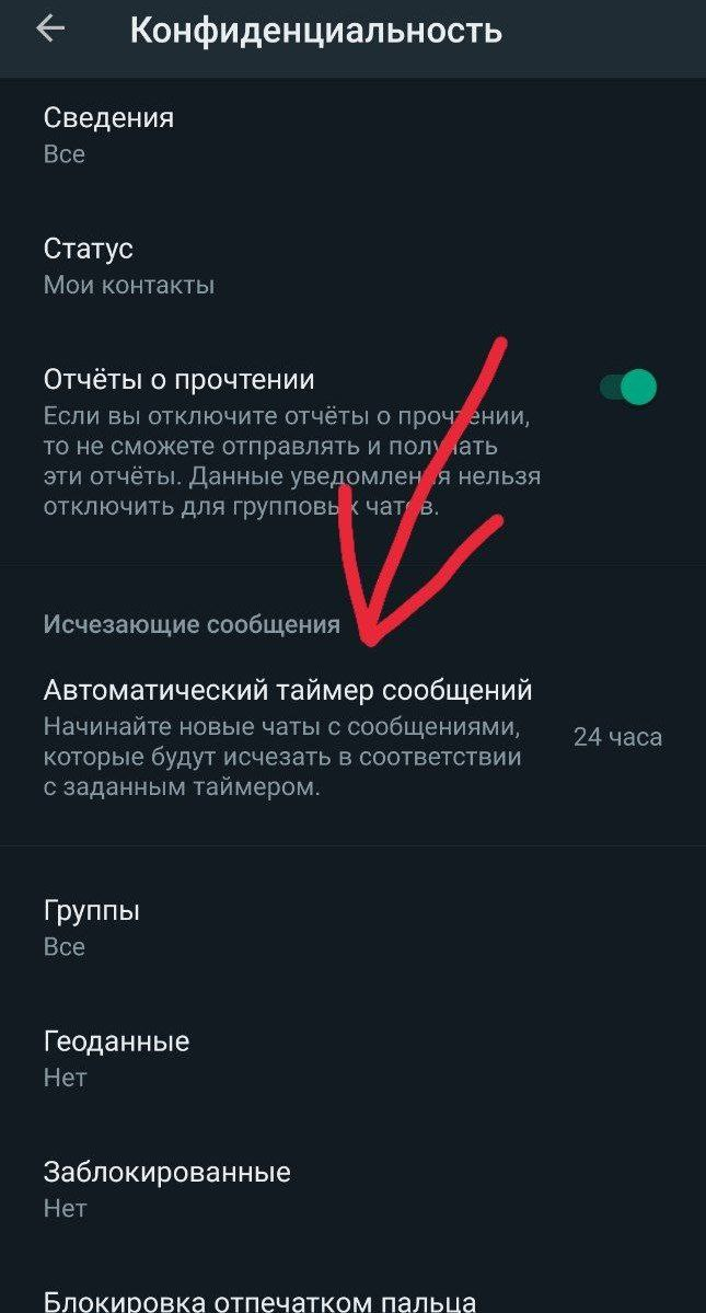 Перейдите в «Настройки» > «Аккаунт» > «Конфиденциальность», а затем включите «Автоматический таймер сообщений».
