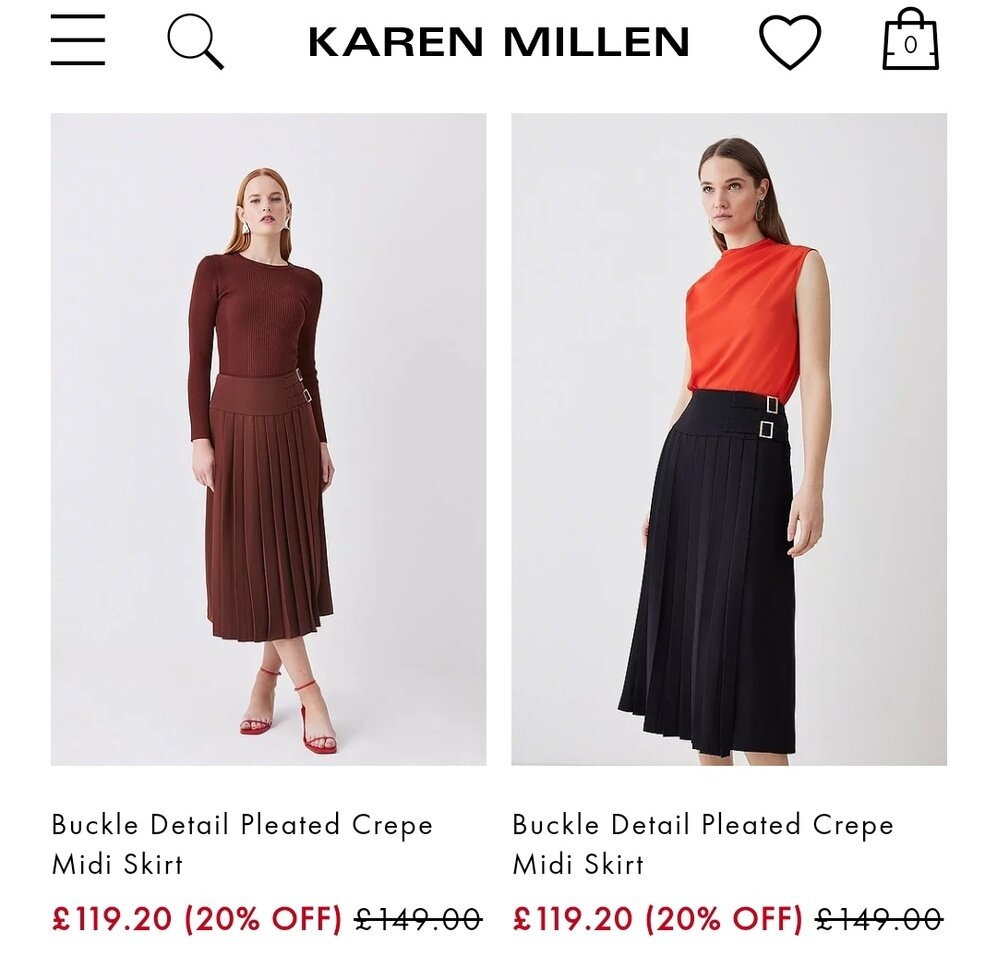 Стоимость юбок Karen Millen на официальном сайте бренда.